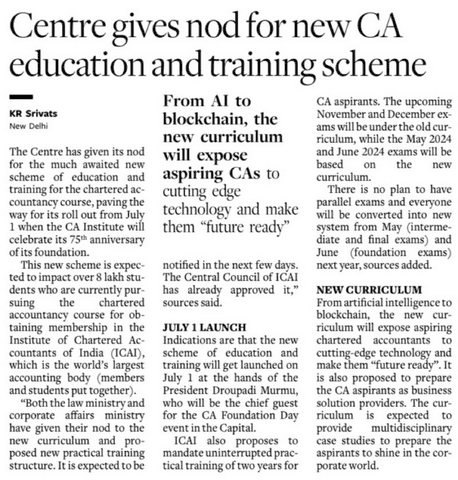 Centre gives nod for new CA education and training scheme